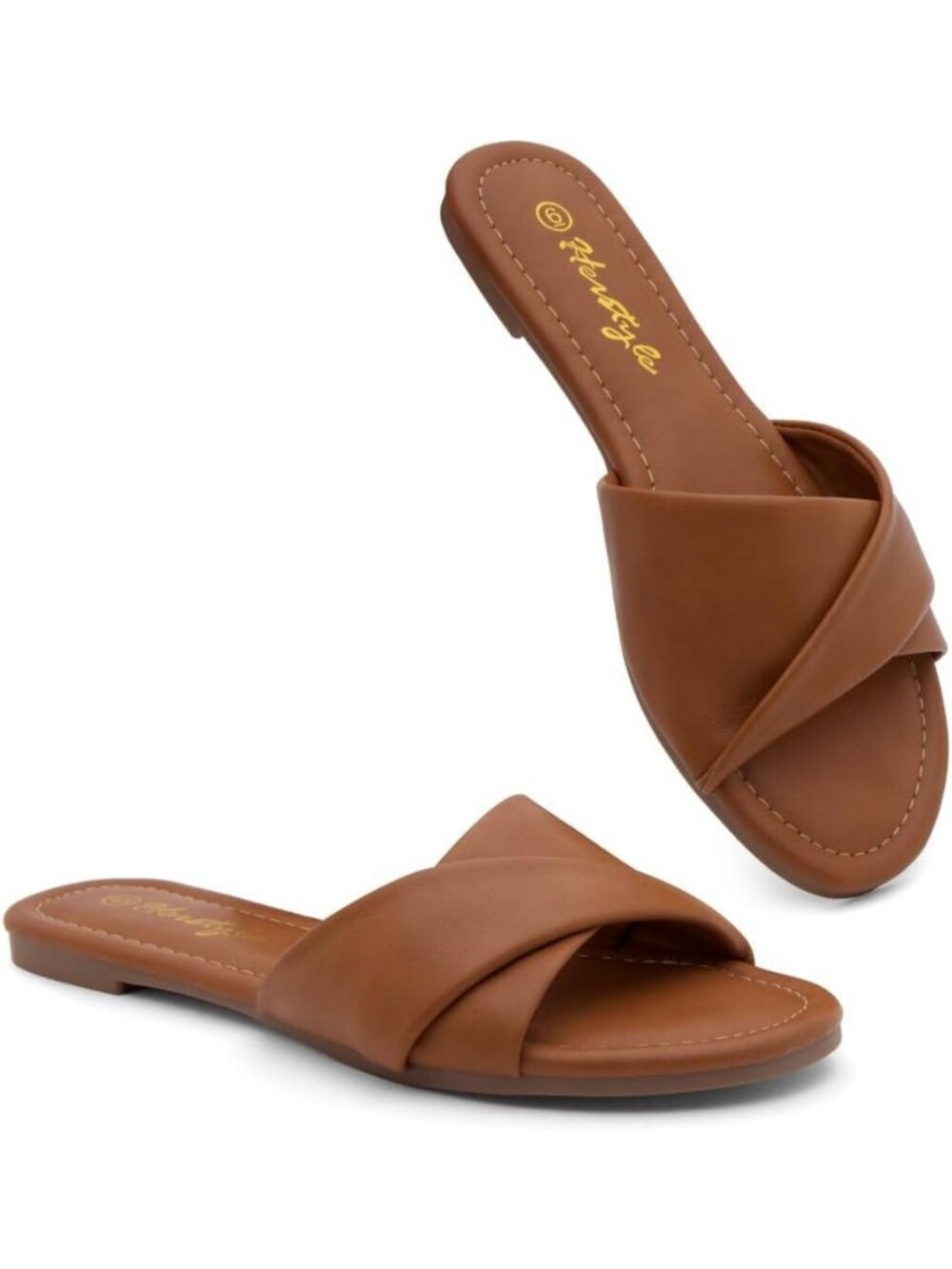 Women's Tan Flats Slip On Open Toe Casual Slides Cushioned Footbed Summer Shoes - Picture 6 of 7